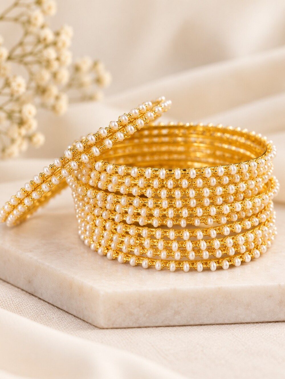 Gold Tone Pearl Bead Bangle Set Size 2.6 | Indian Wedding Jewelry